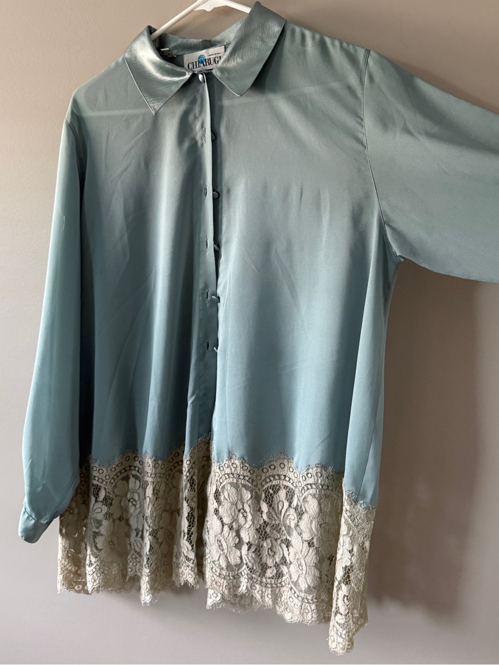 Vintage Blue Button-Down Shirt with Cream Lace Hem